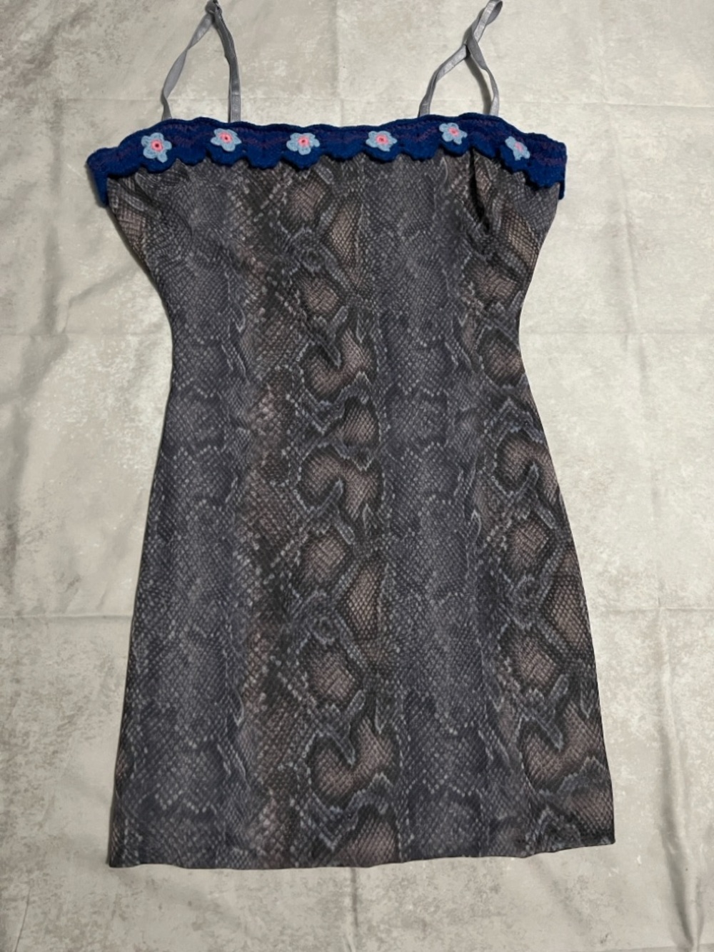 Guizio Gray Snake-Print Mini Slip Dress with Blue Floral Trim